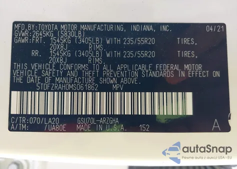 2021 Toyota Highlander Platinum from USA, damaged, VIN 5TDFZRAH0MS061862